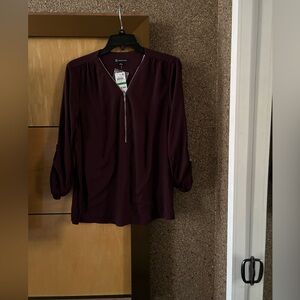 INC International Concepts Burgundy V-Neck Blouse, 3/4 Sleeve, Adjustable Zipper
